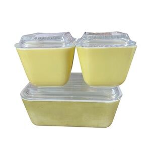 Vtg 60s Set Of 3  Pyrex 2 X  501 B #9 , 502 #10 Dish & Lid Set Verde Yellow